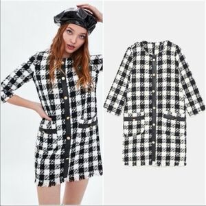 Zara Bloggers Fave Tweed Plaid Shift Dress Raw‎ Hem Size XS Black/White